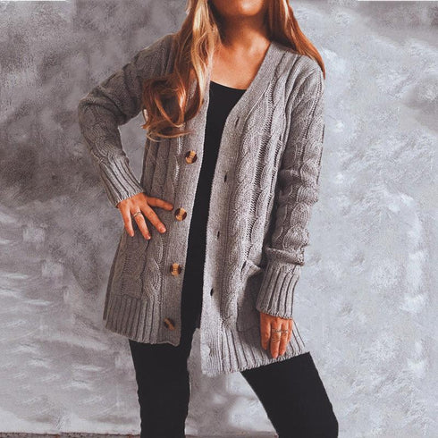 Autumn and winter single-breasted thick twist pocket long sleeve knit sweater cardigan